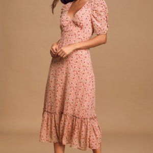 Lulus Lulu’s Before You Go Dusty Pink Floral Flower Print Ruffled Midi Dress